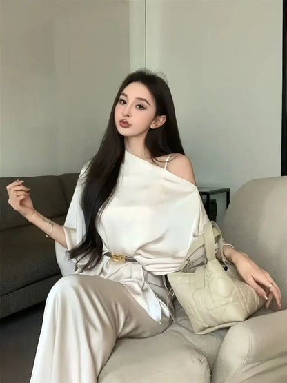 French Style Fish Tail Dress Set Slimming Strap Camisole Long Dress Summer New Slant Shoulder Top Two Piece Set Outfits