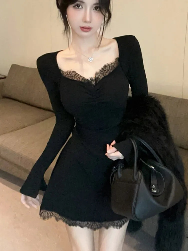 Lace Patchwork Dresses Square Collar Party Mini Dress Autumn Spring Slim Waist Vestidos Female Outfits