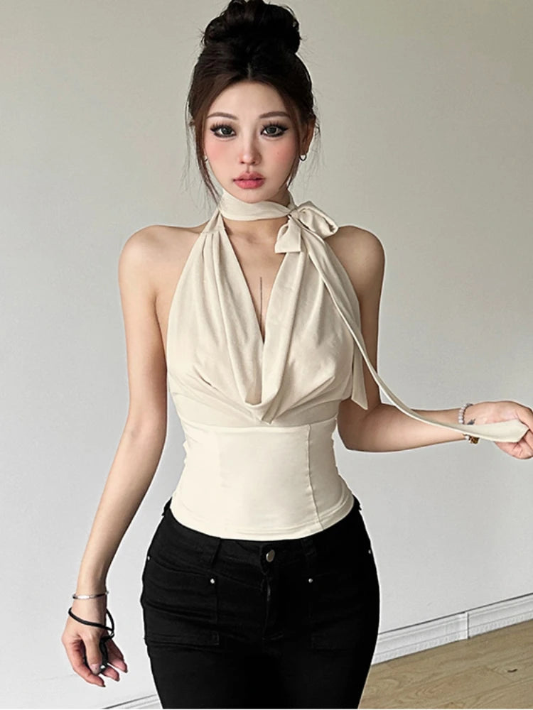 Korean Sleeveless Tank Tops Plaid Y2k Crop Top Female Outdoors Backless Blouse