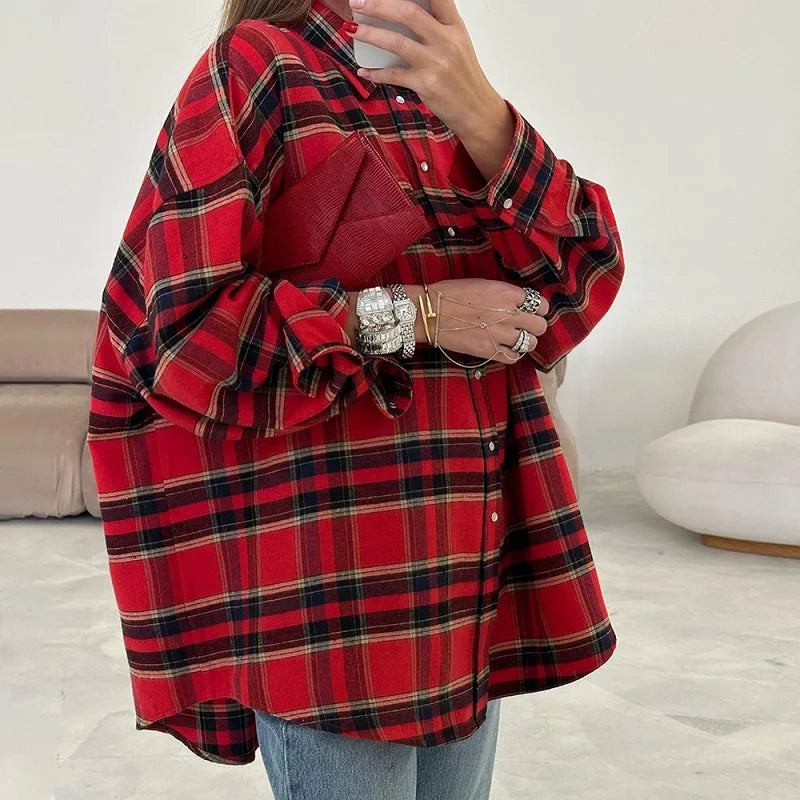 Single Breasted Lapel Shirts Spring Plaid Print Loose Office Blouses New Autumn Long Sleeve Long Top Jacket