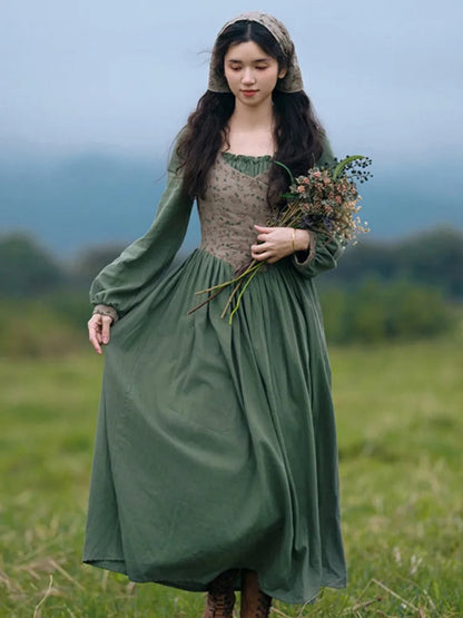 Autumn Long Dresses for Country Style Mori Slim Long Sleeve Fake Twopiece Dress Robe