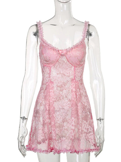 Y2k Aesthetic Lace Dress Pink Sleeveless a Line Lolita Japanese Mini Dresses Beach Party Outfit Kawaii Clothes Hot 90s