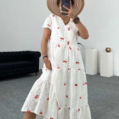 Embroidery Maxi Dresses for Summer Puff Sleeve Slim White Dress Party Club Aline Dress