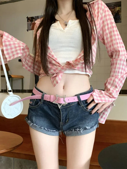 Y2k Pink Plaid Shirts Check Graphic Long Sleeve Blouses Female Spring Autumn Slim Button Up Cardigan Ins