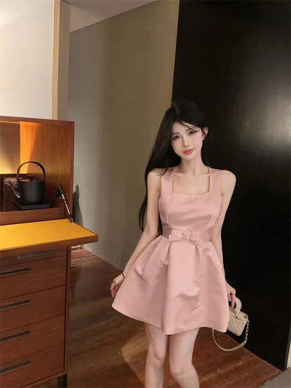 Dresses Sweet Square Collar Bow Sleeveless Slim Ball Gown Mini Dress Temperament Spring