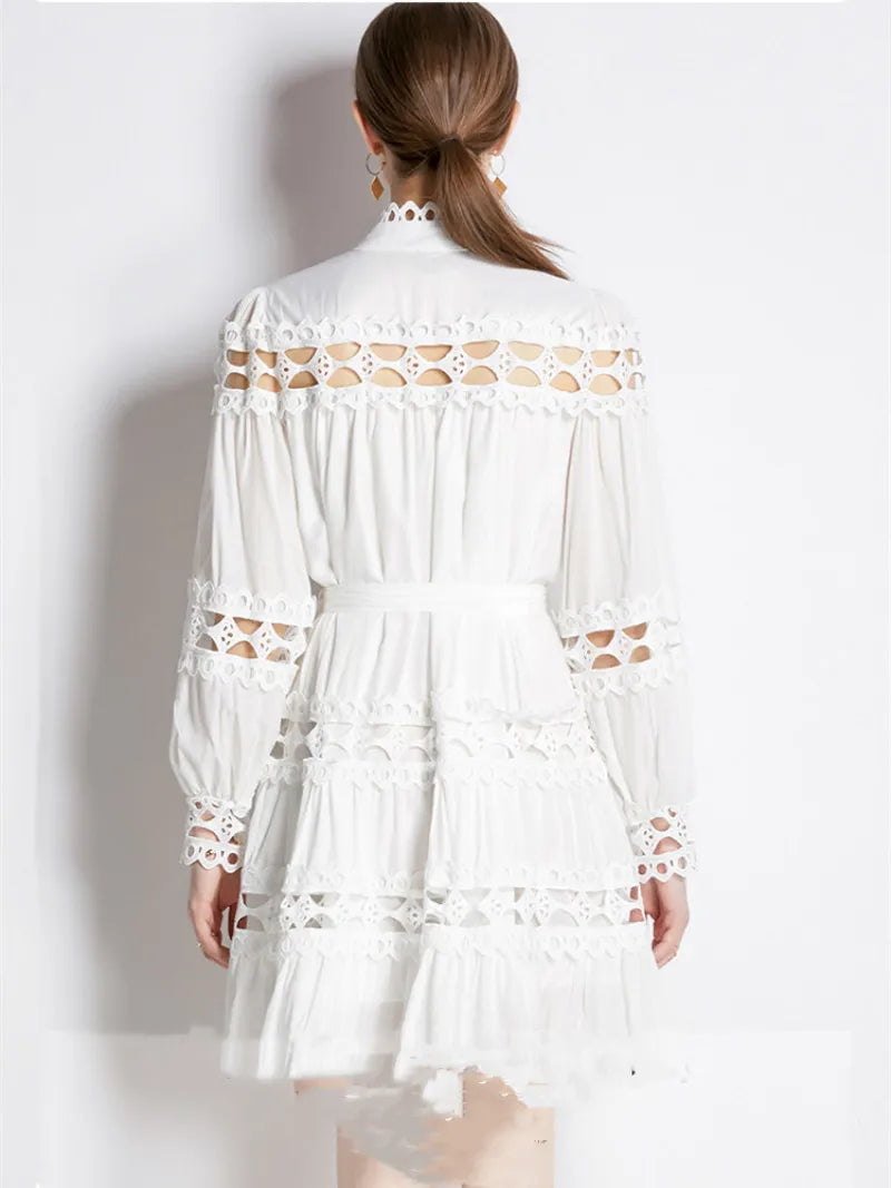 Stand Collar Single Breasted Dresses New Spring Hollow Out Embroidery Lace Trims White Mini Dress