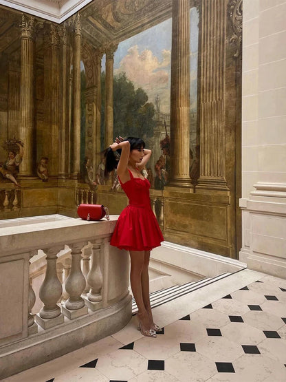 Red Lace Up Mini Dress for Pleated Sleeveless a Line Dresses Autumn Party Evening Short Gown