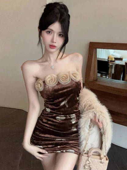 Mini Dresses Flowers Strapless Flowers Slash Neck Off Shoulder Slim Backless Party Dress Club Female