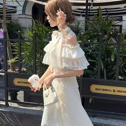 Lace Sweet Cloak Design White Dress Summer New Off Shoulder Bow Short Sleeve Waist Slimming Aline Long Dress for