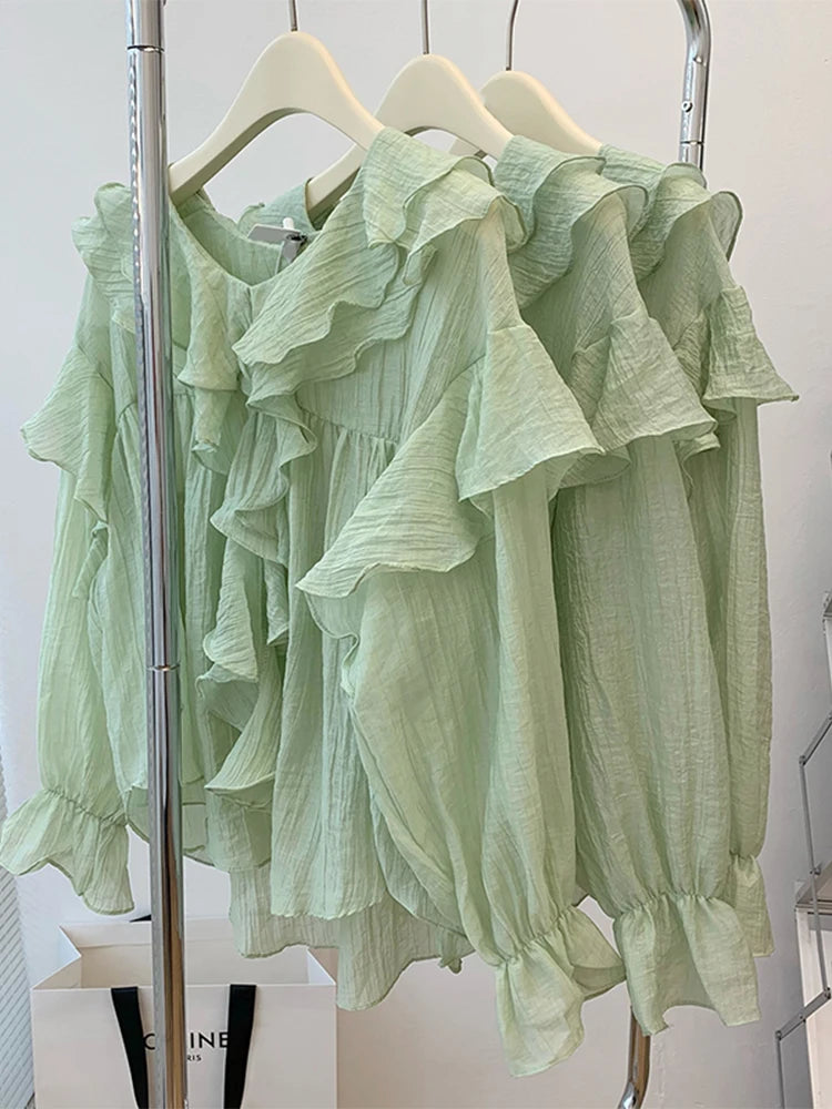 New Autumn Winter Crewneck Ruffle Pleated Puff Long Sleeve Design Blouses Oversize Patchwork Chiffon Overshirt