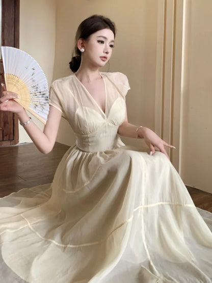 Long Dresses for V-neck A-line Birthday Party Dress French High Waist Summer New Prom Retro Vestidos Mujer
