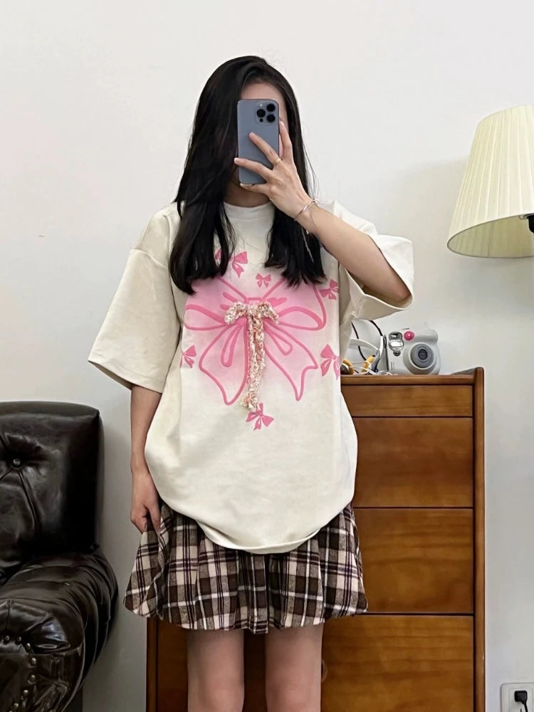 Kawaii Sweet Tshirts Retro Short Sleeve Y2k Blouse Tees Female Design Loose Shirts Japanese Style Summer