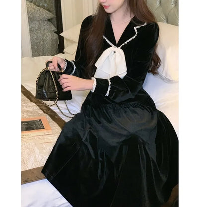 Lapel Midi Dresses for Bow Long Sleeve Birthday Party Dress A-line Autumn New Korean Vestido Mujer