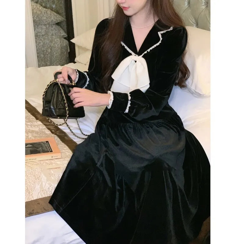 Lapel Midi Dresses for Bow Long Sleeve Birthday Party Dress A-line Autumn New Korean Vestido Mujer