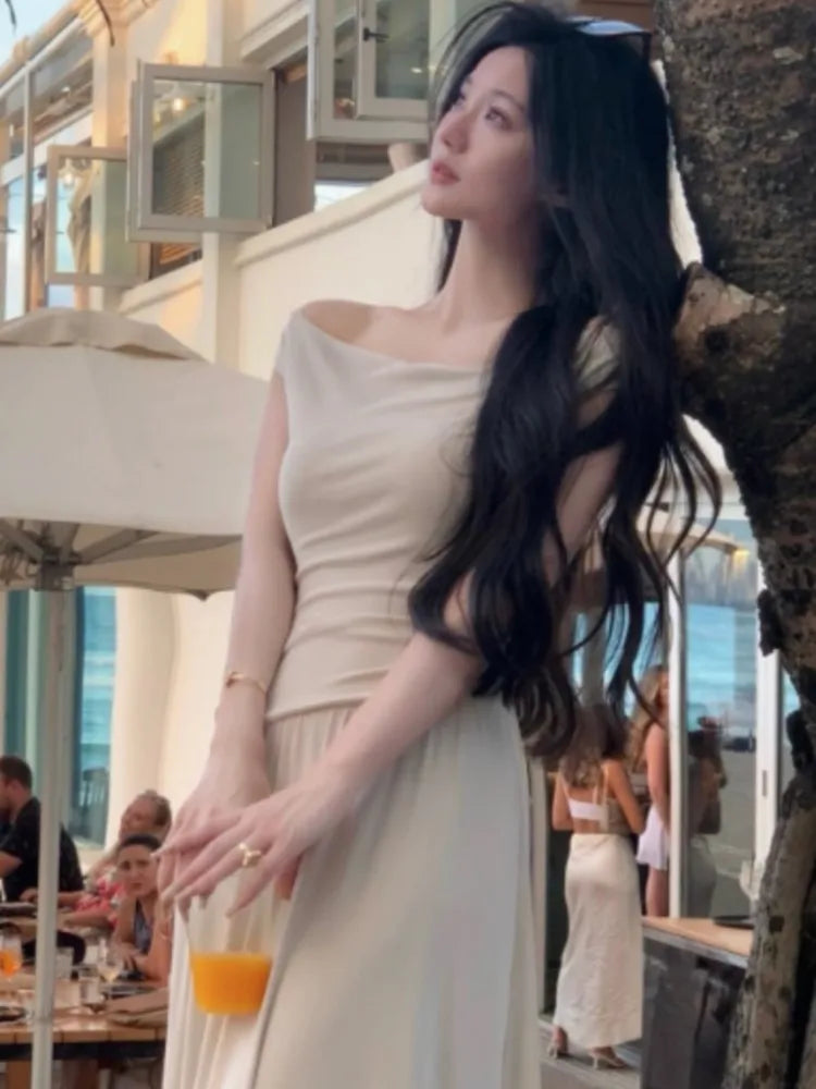 White Long Dresses Fairycore Slash Neck Inclined Shoulder Vestidos Summer Laceup Ruched Trumpet Dress