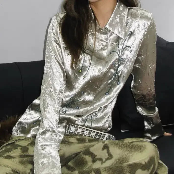 Metallic Luxurious Wrinkled Polo Collar Budding Plant Long Sleeve Shirts for Autumn New Loose Blouses Tops