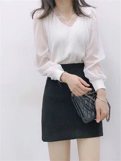 Spring Autumn Style Blouses Tops Lady Long Sleeve V-neck Lace Blusas Tops Df4452