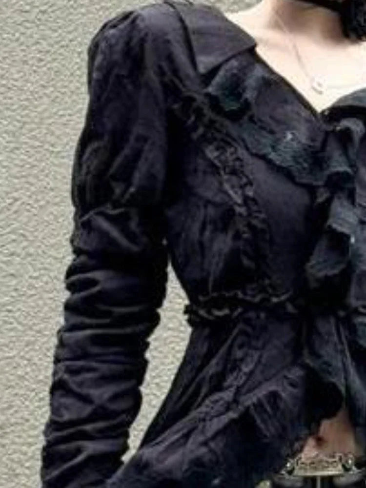 Pleated Blouse Ruffled Slim Harajuku Ruffled Tops Y2k Aesthetic Lace Patchwork Black Shirts De Mujer