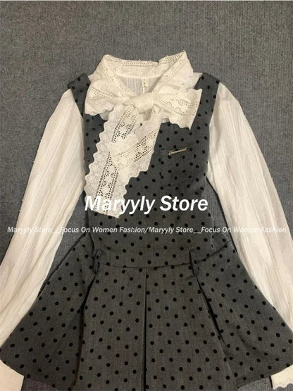 Korean Preppy Style Dress Set Bow Lace Shirt Tops + Polka Dot Mini Dress Commuter 2 Piece Set New
