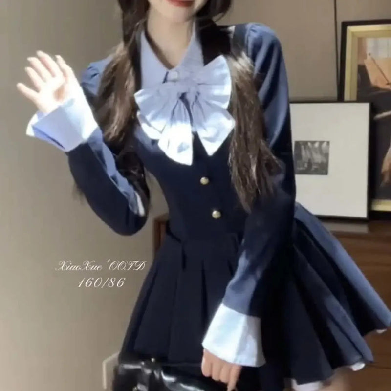 Korean College Style Fake Two Piece Spliced Bow Long Sleeve Pleated Dresses for Autumn Sweet Waist Slim Aline Mini Dress
