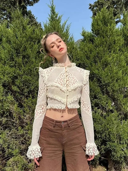 Heavy Industry Embroidered Lace Hook Flower Shirt Female Long Sleeve Blouse Clothing Autumn New Slimming Short Top