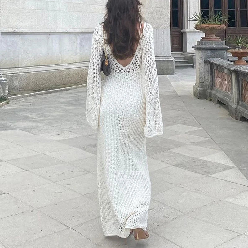 Beach Style Knitted Hollow Out Long Dress Crochet Flare Sleeve Low Cut V Neck Backless Dress Club Party Vestidos