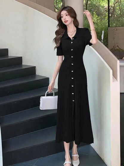 Black Beige Temperament Split Knit Dress Summer Single Breasted Robe Green Office Lady New Long Dress