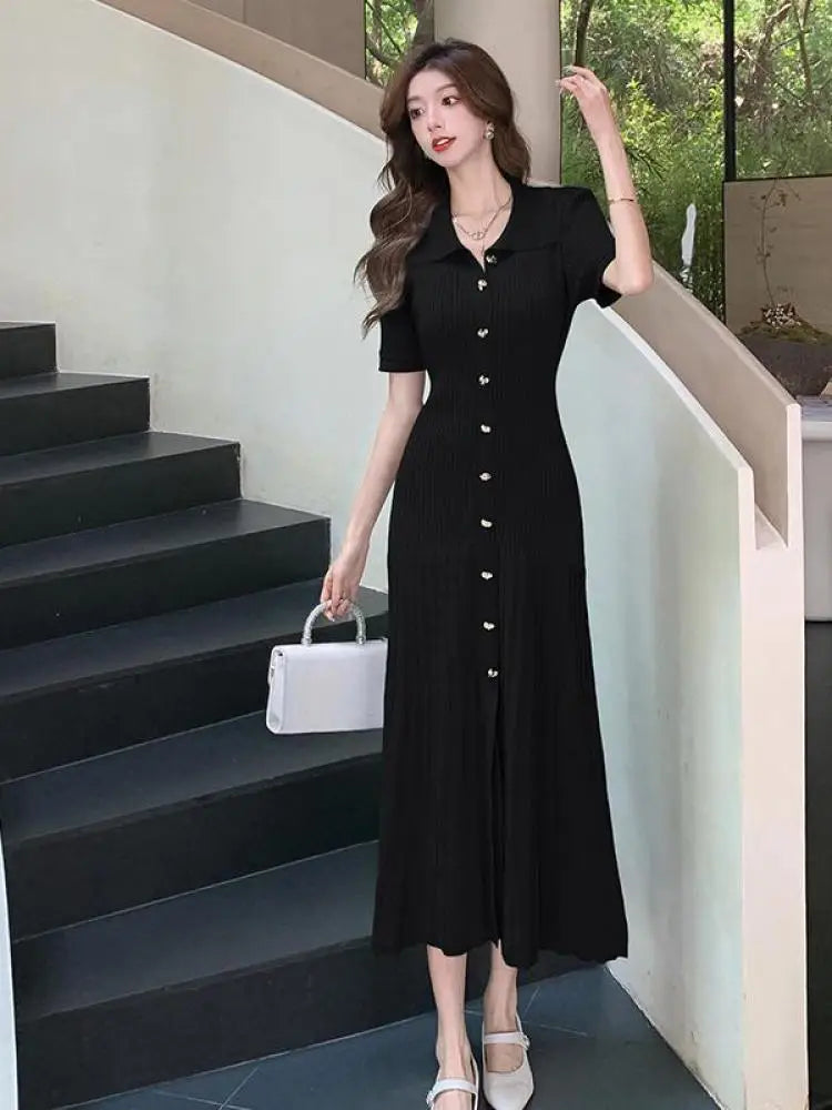 Black Beige Temperament Split Knit Dress Summer Single Breasted Robe Green Office Lady New Long Dress