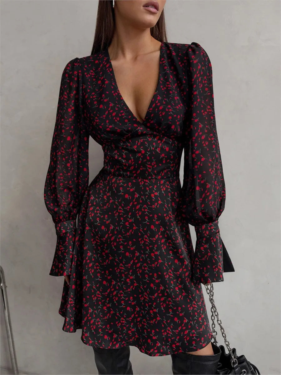 Printed Mini Dresses Deep V Neck Long Sleeve Waist Cinched Aline Vestidos Office Lady Dresses