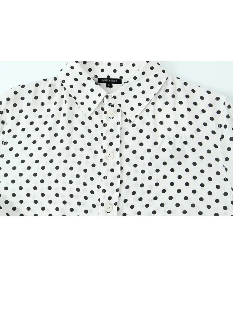 Woman Singlebreasted Lapel Blouse Long Sleeves Shirt Tops Office Lady Dot Print Loose Shirt