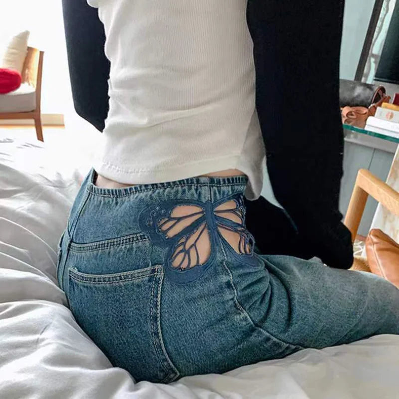 Cutout Butterfly Embroidered Jeans Woman High Waist Baggy Straight Denim Pants Street Denim Trouser