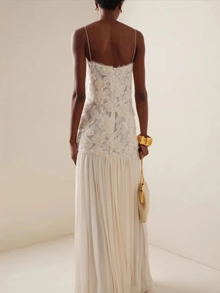 3d Sling Long Dress Retro White Backless Pleated Maxi Evening Dresses Female Spring Street Party