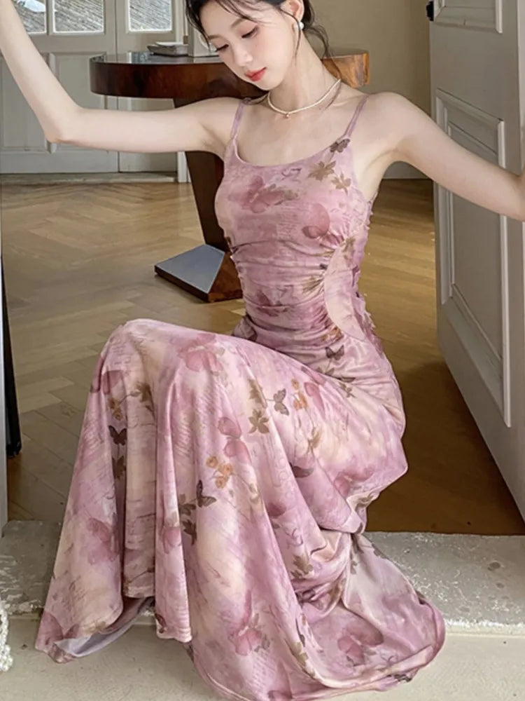 Printed Long Dresses for Mesh Spaghetti Strap Slim A-line Party Dress Summer Korean One Piece Vestido Mujer