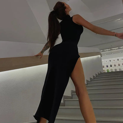 New Y2k Europe and the United States Cross-border Round Neck Sleeveless Slim-fit Slit Midi Dress