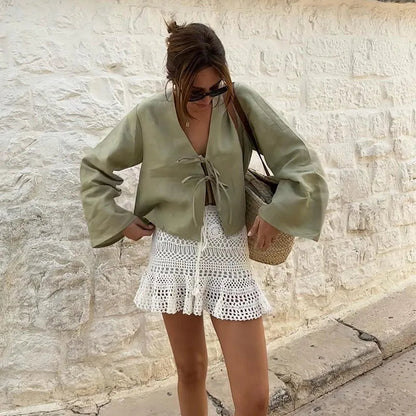 Lace Up Bow Cotton Linen Flare Sleeve Blouse