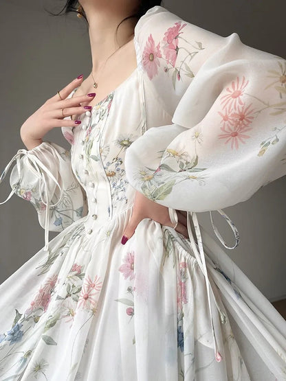 French Vinatge Evening Party Long Dresses for Aline Princess Dress Lantern Sleeve Spring Summer Prom Robe Vestidos