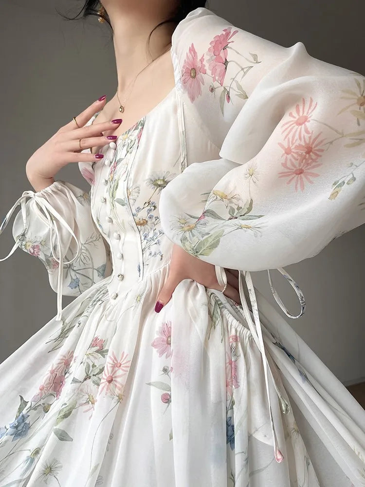 French Vinatge Evening Party Long Dresses for Aline Princess Dress Lantern Sleeve Spring Summer Prom Robe Vestidos