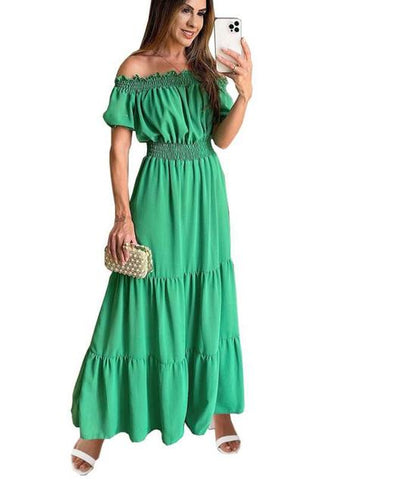 Summer Vestidos Red Short Sleeve Club Party Evening Long Dress Slim Color Robe Ruffles Elastic Waist Slash Neck