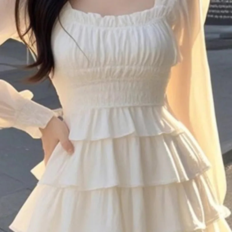 Sweet Ruffles Dresses White Korean Square Neck Mini Dress Aline Simple Vestidos Mujer
