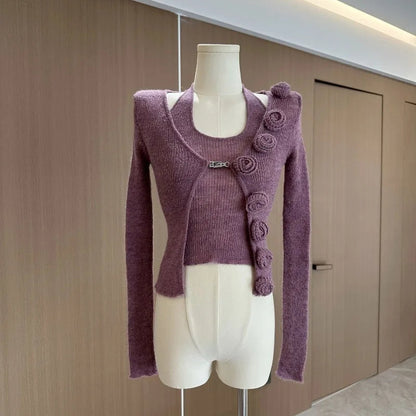 Sweet Hot Girl Pure Suit Autumn and Winter Knitted Cardigan Short Slimfit Halter Vest Twopiece Set Female Clothes