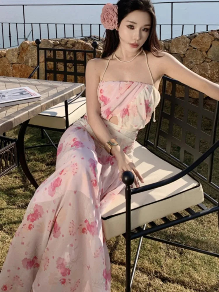 Sweet Print Long Dresses for Strapless Sleeveless Evening Party Dress New Holiday Beach Vestidos