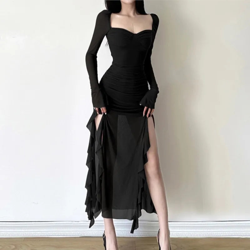 High Slit Bodycon Midi Dresses for Square Collar Long Sleeve Slim Evening Party Dress Club Prom Robe Y2k Vestidos New