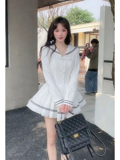 Mini Dresses Sweet Sailor Collar Long Sleeve Slim Ins Lace Bow Party Dress Preppy Style Female