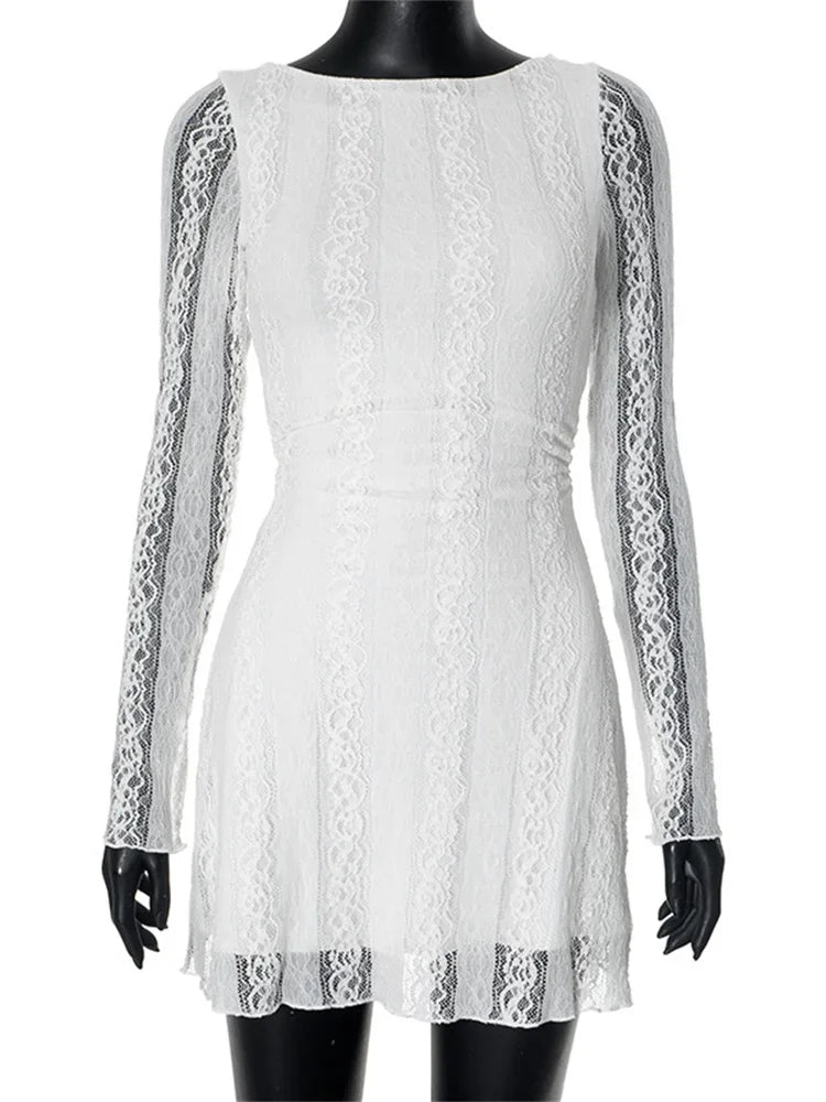 White Lace See-through Mini Dress for High Waist Patchwork Slim Party Dress Gown Dress