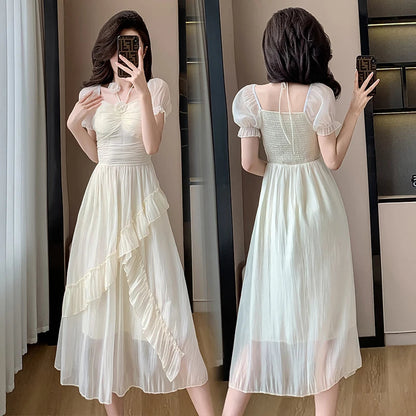 Summer French Midi Dresses New Folds Ruffle Party Robe Fairycore Neck Mounted Lady Maxi