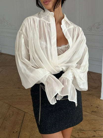 Loose See-through Shirts ’s Autumn Lapel Long Sleeve Patchwork Blouse Top Female Shirts Top