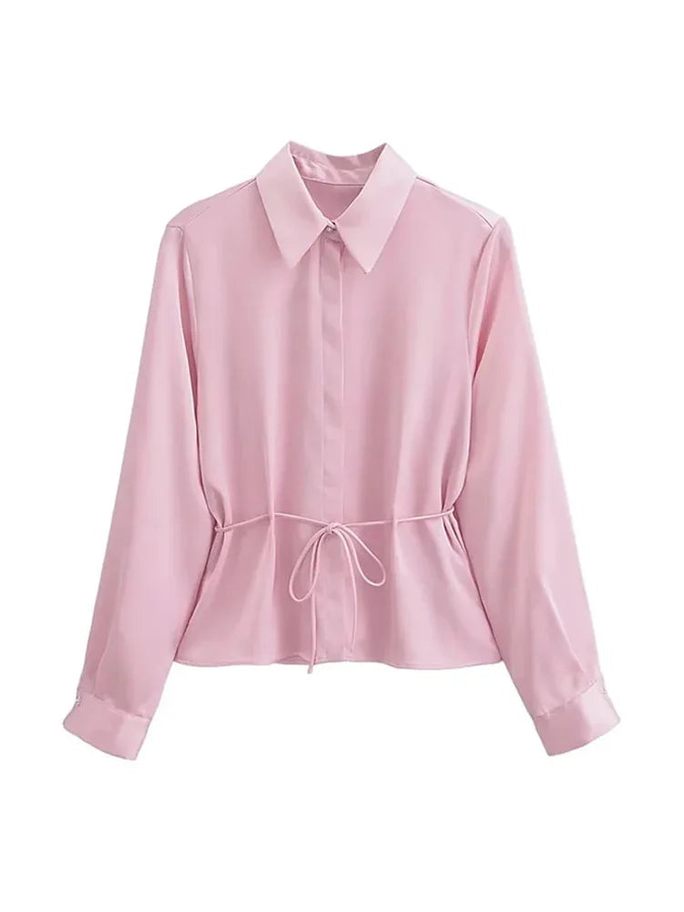 Spring Pink Turndown Collar Blouse for Woman Long Sleeves Laceup Female Single Breasted Shirt Top