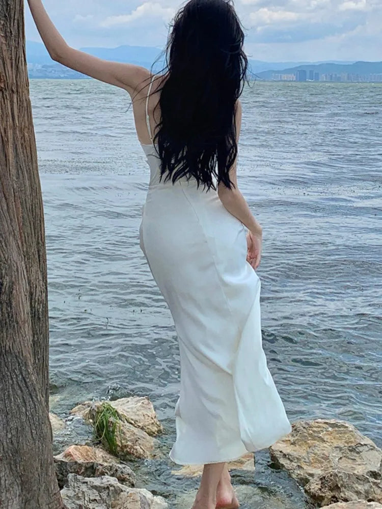 Spring Beige Long Dress New Spaghetti Strap Dresses Female Evening Party Prom Robe Summer Satin Gown Mujer