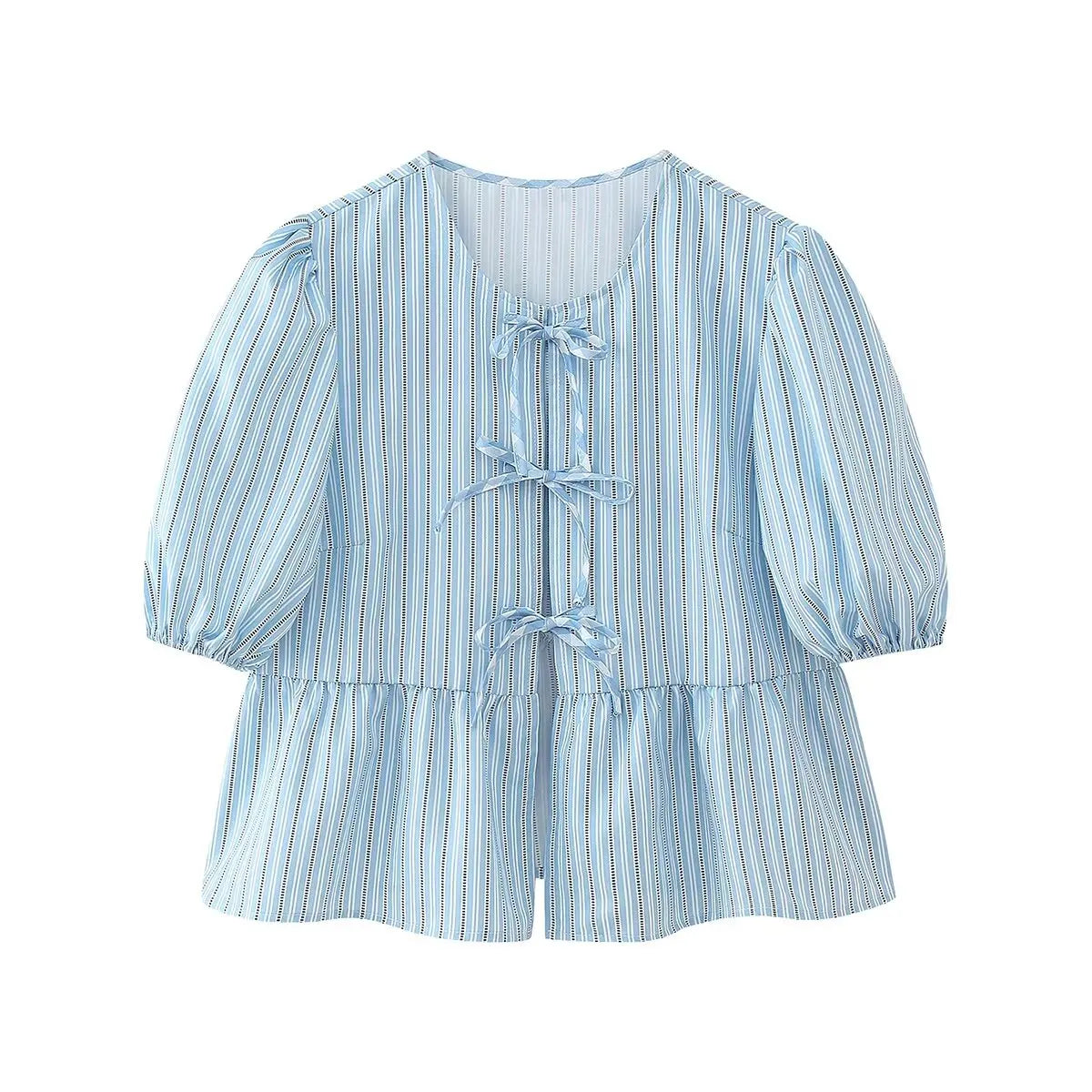 Summer Printed Cropped Shirts Top Puff Short Sleeves Round Neck Blouse Female Laceup Tshrit