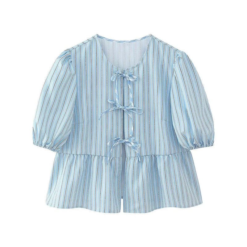 Summer Printed Cropped Shirts Top Puff Short Sleeves Round Neck Blouse Female Laceup Tshrit